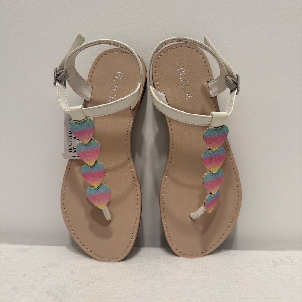 The Childrens Place Girls Rainbow Glitter Heart White Sandals Size 3